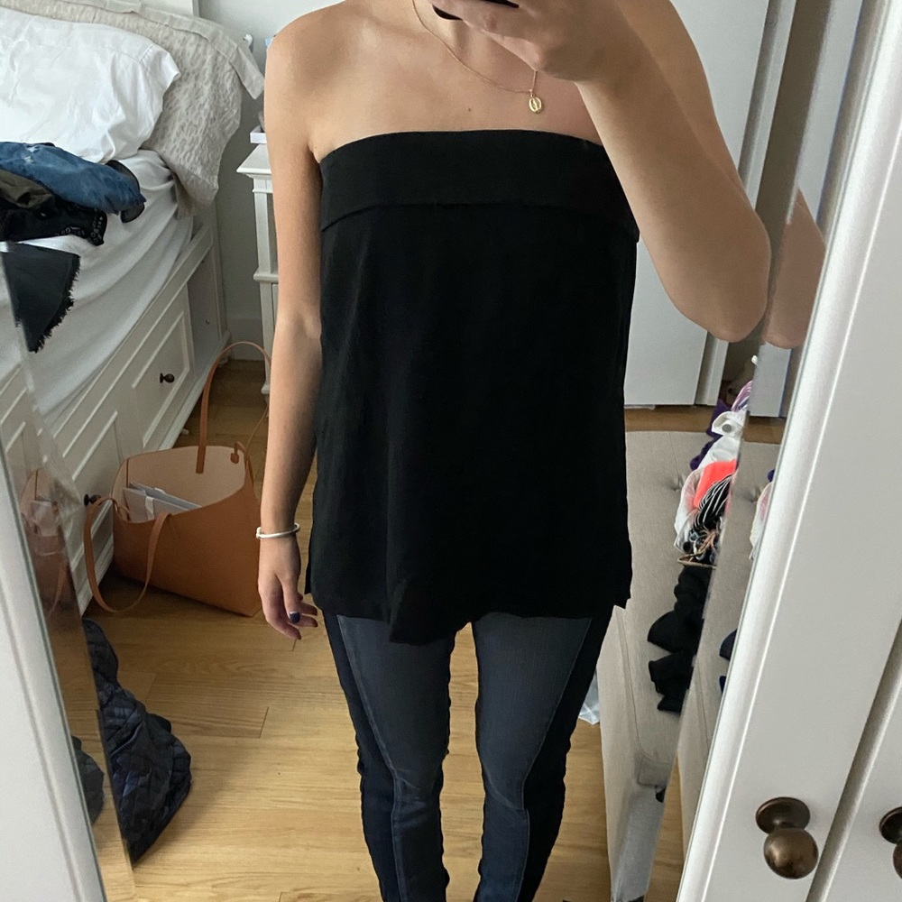 BCBG black structured strapless drape tank